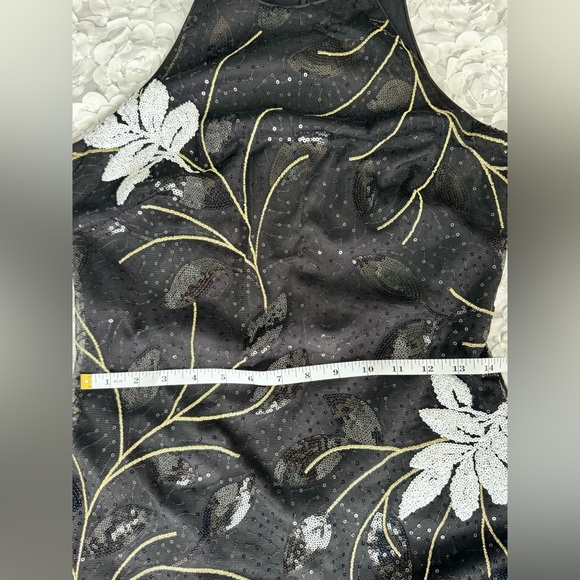 Belle Badgley Mischka Dress Gown 6 Black Embroidered Sequins Leaves Gold Formal - Picture 4 of 12